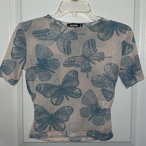 Missguided Shear Mesh Butterfly Print Cropped Top (never worn)